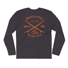 Load image into Gallery viewer, Watch Hill &#39;Surf Co.’ Premium Long Sleeve Fitted Crew (Orange) - Watch Hill RI t-shirts with vintage surfing and motorcycle designs.