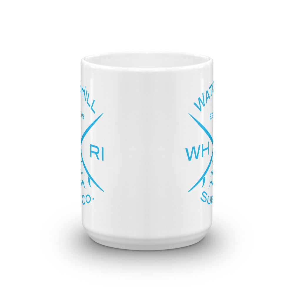 Watch Hill ‘Surf Co.’ Ceramic Mugs in 11oz. or 15oz. (Cyan) - Watch Hill RI t-shirts with vintage surfing and motorcycle designs.