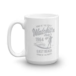 Watchill'n 'Surfs Up' Ceramic Mug - (Grey) - Watch Hill RI t-shirts with vintage surfing and motorcycle designs.