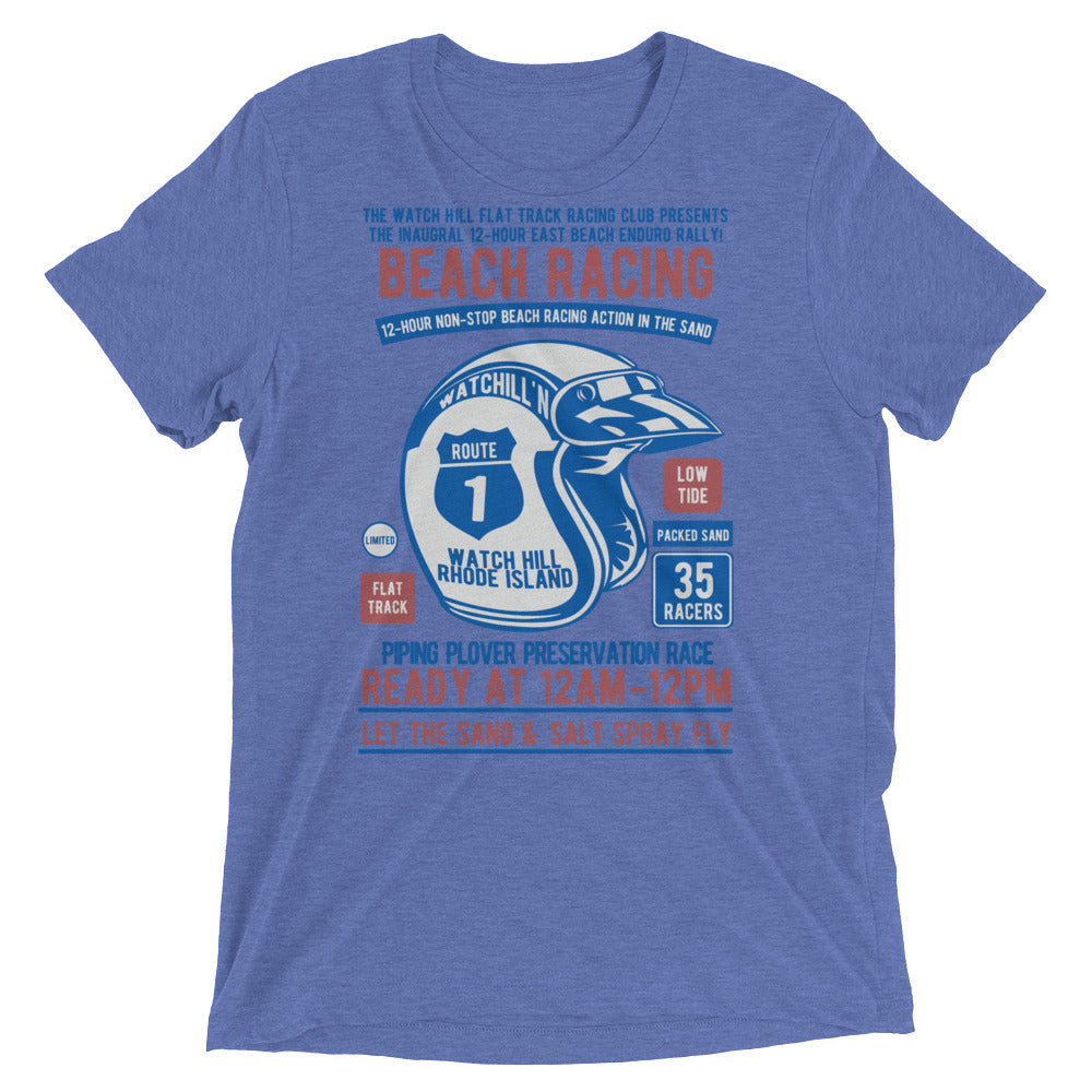 Watchill’n ‘Beach Racing’ Unisex Short sleeve t-shirt (Blue/Rust) - Watchill'n