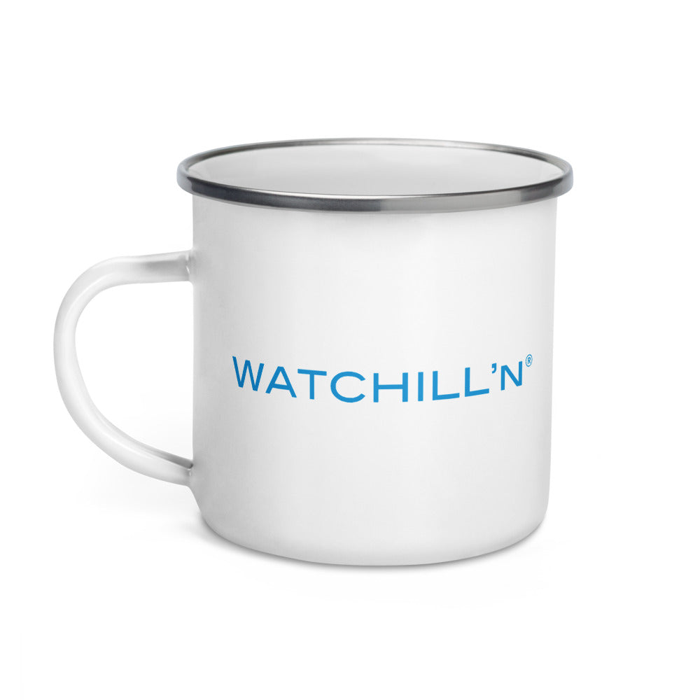 Watchill'n 'New School' Logo Enamel Mug (Cyan) - Watch Hill RI t-shirts with vintage surfing and motorcycle designs.