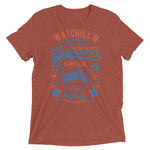 Watchill’n ‘Bike Barn’ Unisex Short sleeve t-shirt (Rust/Blue) - Watchill'n