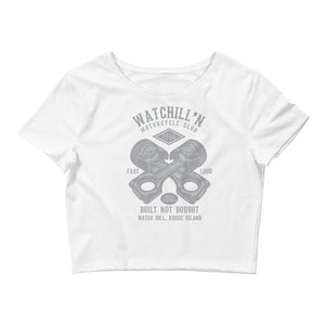 Watchill’n ‘Built Not Bought’ - Women’s Crop Tee (Grey) - Watch Hill RI t-shirts with vintage surfing and motorcycle designs.