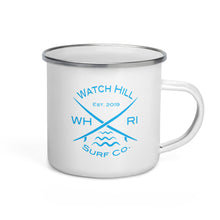 Load image into Gallery viewer, Watch Hill Surf Co. &#39;Crossed Boards&#39; Enamel Mug (Cyan) - Watch Hill RI t-shirts with vintage surfing and motorcycle designs.