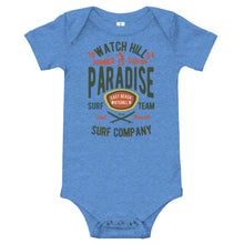 Load image into Gallery viewer, Watchill&#39;n &#39;Summer Surfing&#39; -Baby Jersey Short Sleeve One Piece (Green/Terracotta) - Watch Hill RI t-shirts with vintage surfing and motorcycle designs.