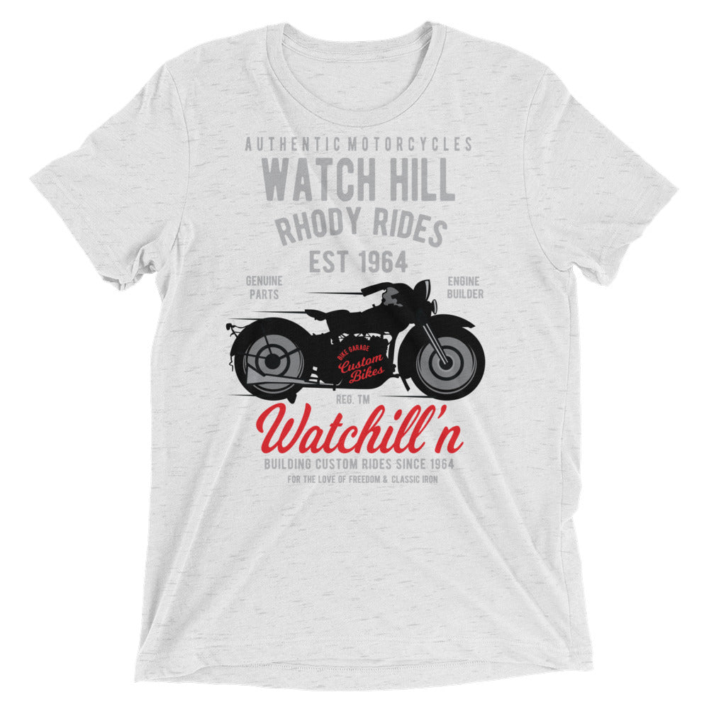 Watchill’n ‘Rhody Rides’ Unisex Short sleeve t-shirt (Grey/Red) - Watchill'n