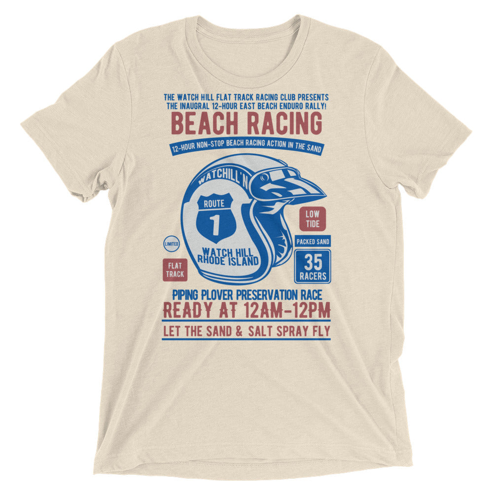 Watchill’n ‘Beach Racing’ Unisex Short sleeve t-shirt (Blue/Rust) - Watchill'n