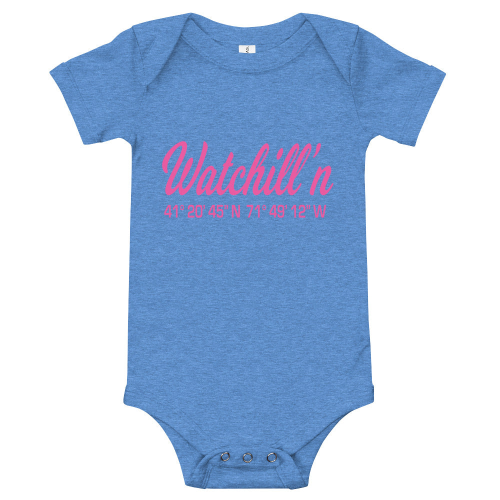 Watchill'n 'Coordinates' - Baby Jersey Short Sleeve One Piece (Pink) - Watch Hill RI t-shirts with vintage surfing and motorcycle designs.