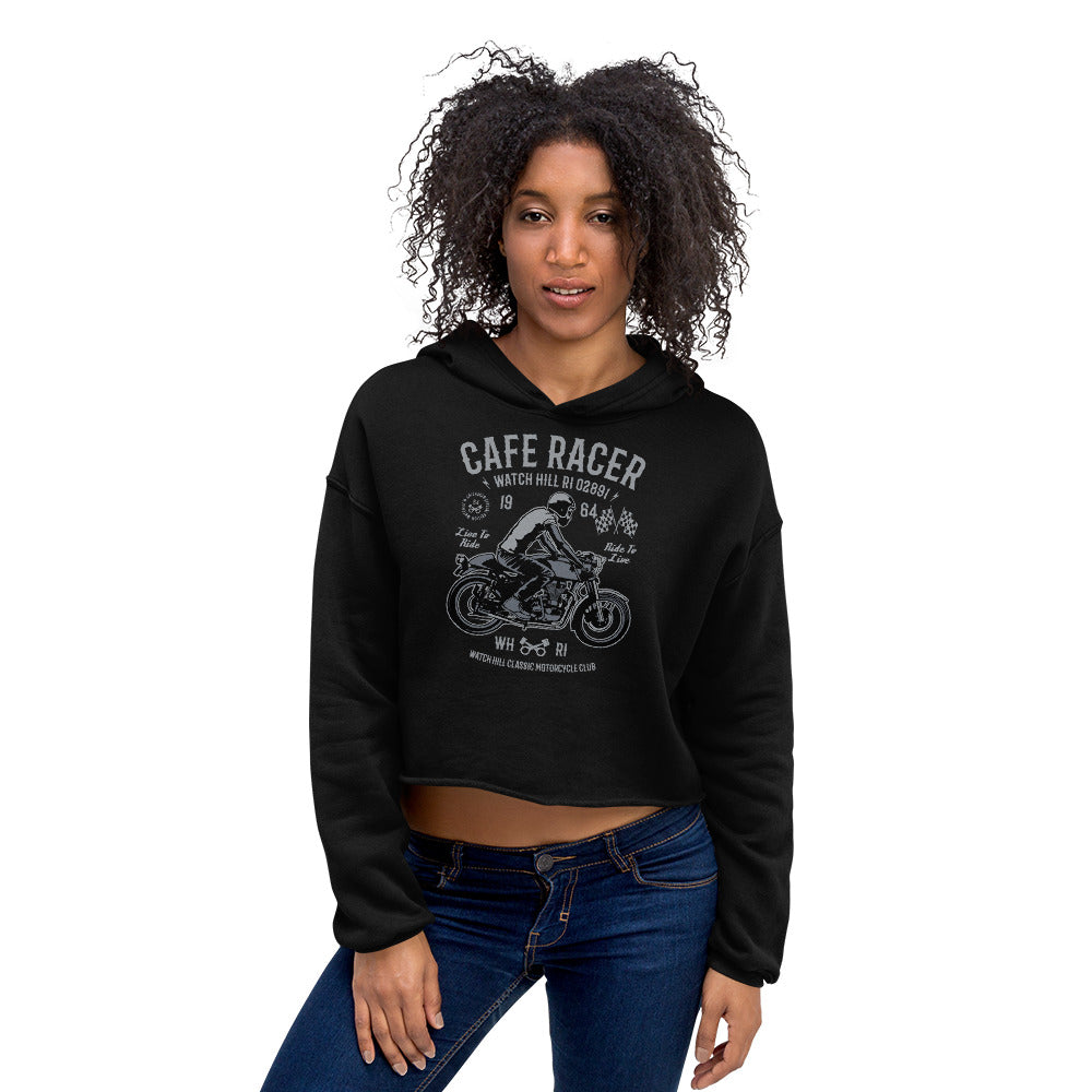 Watchill’n ‘Cafe Racer’ - Women's Cropped Fleece Hoodie (Grey) - Watch Hill RI t-shirts with vintage surfing and motorcycle designs.