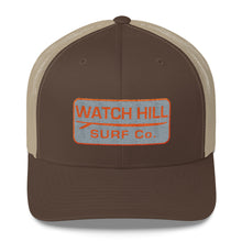 Load image into Gallery viewer, Watch Hill Surf Co. &#39;Patch Logo&#39; Trucker Cap (Grey/Orange) - Watch Hill RI t-shirts with vintage surfing and motorcycle designs.
