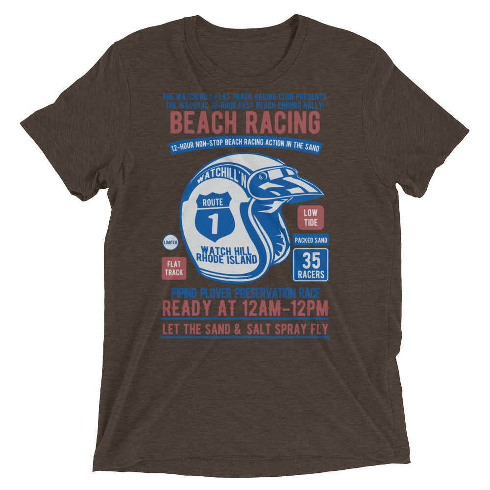 Watchill’n ‘Beach Racing’ Unisex Short sleeve t-shirt (Blue/Rust) - Watchill'n